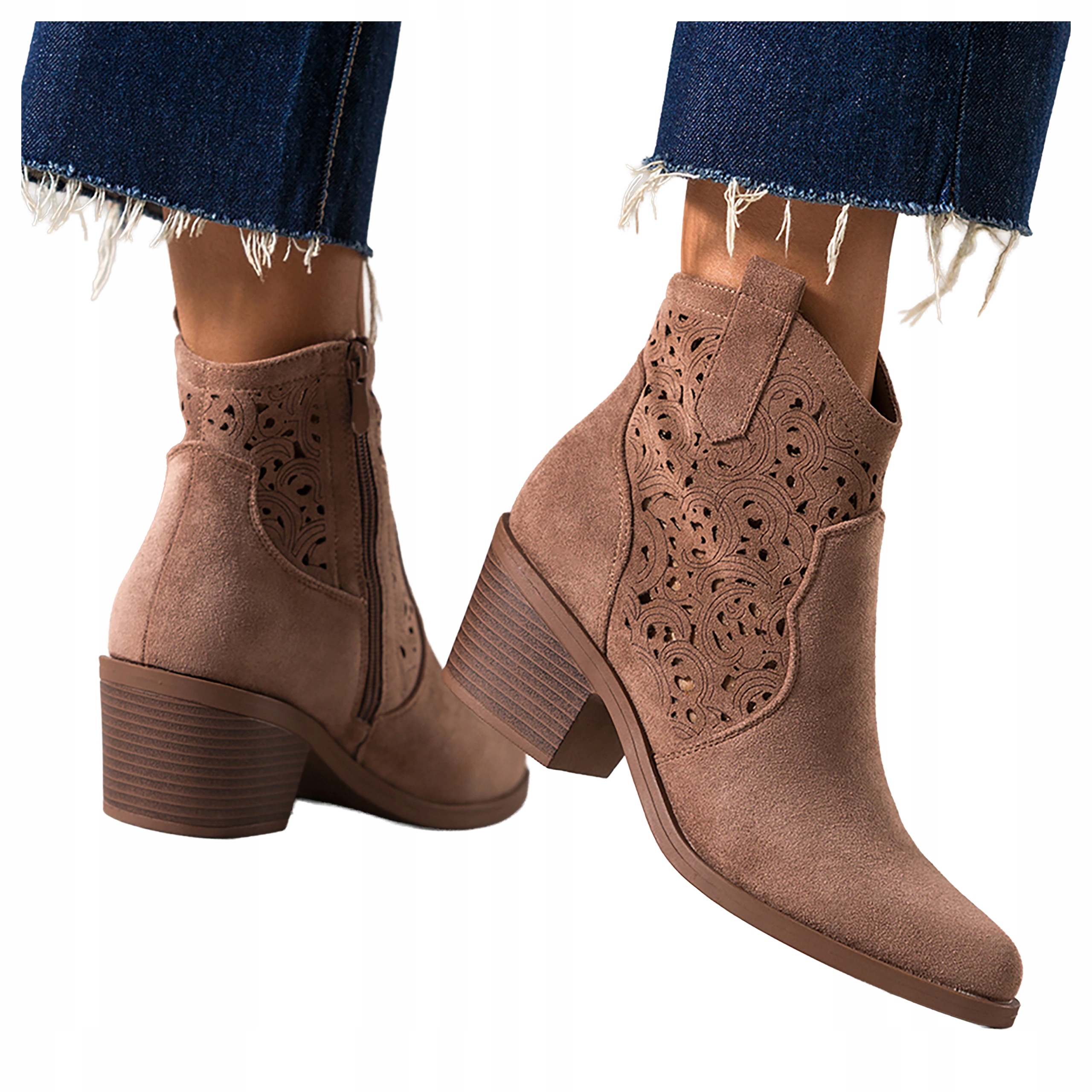 Hnědé dámské kotníkové boty Ažurový Svršek Zkosený podpatek Klocek Kovbojské Boty vel. 37