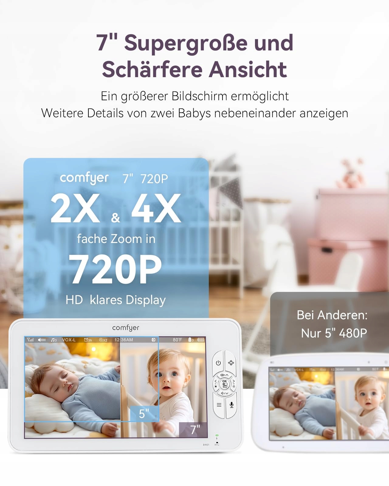 COMFYER Niania Elektroniczna 7" HD 720P 2 Kamery IR Nocny Tryb Vox Audio — miniatura 2