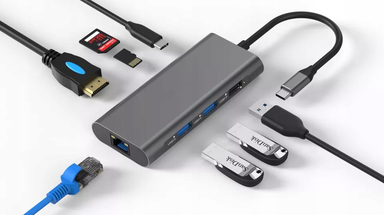 Adapter 8w1 Hub Usb-c 3.1 Hdmi 4K, RJ45, Usb 3,0, Czytnik kart Sd/tf, Pdc