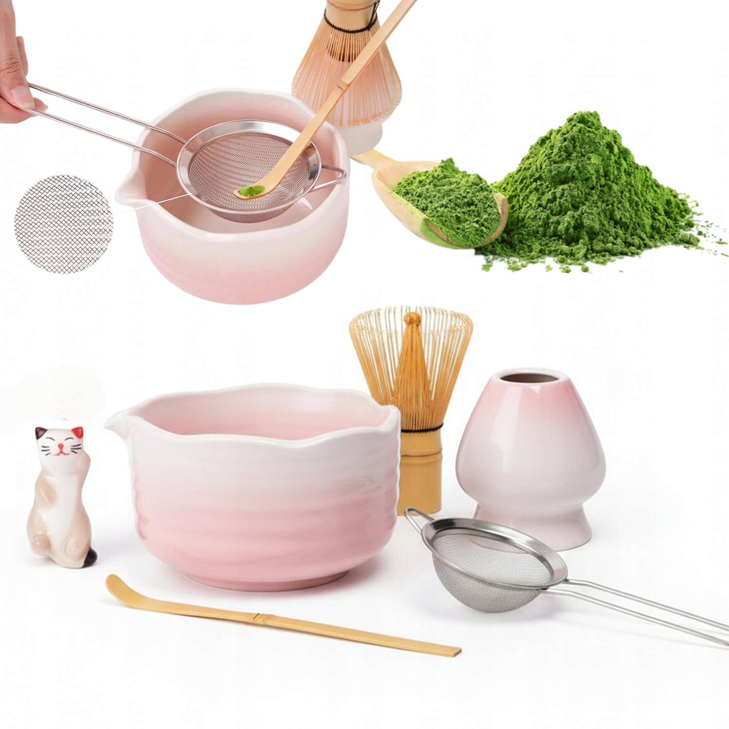 Kompletny Zestaw Matcha Różowo-biały Z Bambusową Trzepaczką I Stojakiem