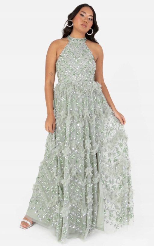 Maya Deluxe Šaty Zelené Flitrové Maxi Na Zip 48 6EA