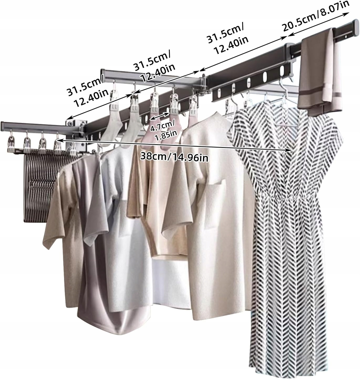 Skládací nástěnný věšák na prádlo Balkon 20 klipů s držákem