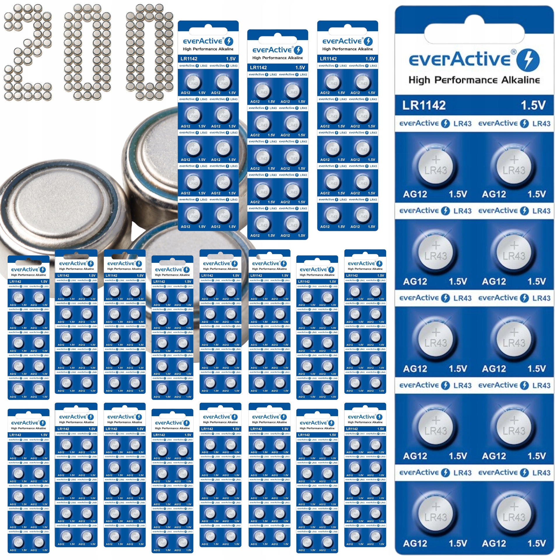 200x Alkalická Knoflíková Baterie AG12 G12 301 386 SR43 LR43 LR1142