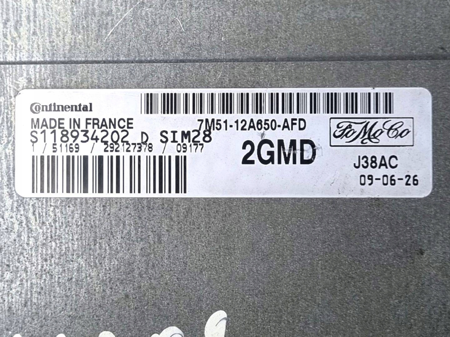 control unit of the engine Ford Focus 2 facelift 2009 7M51-12A650-AFD