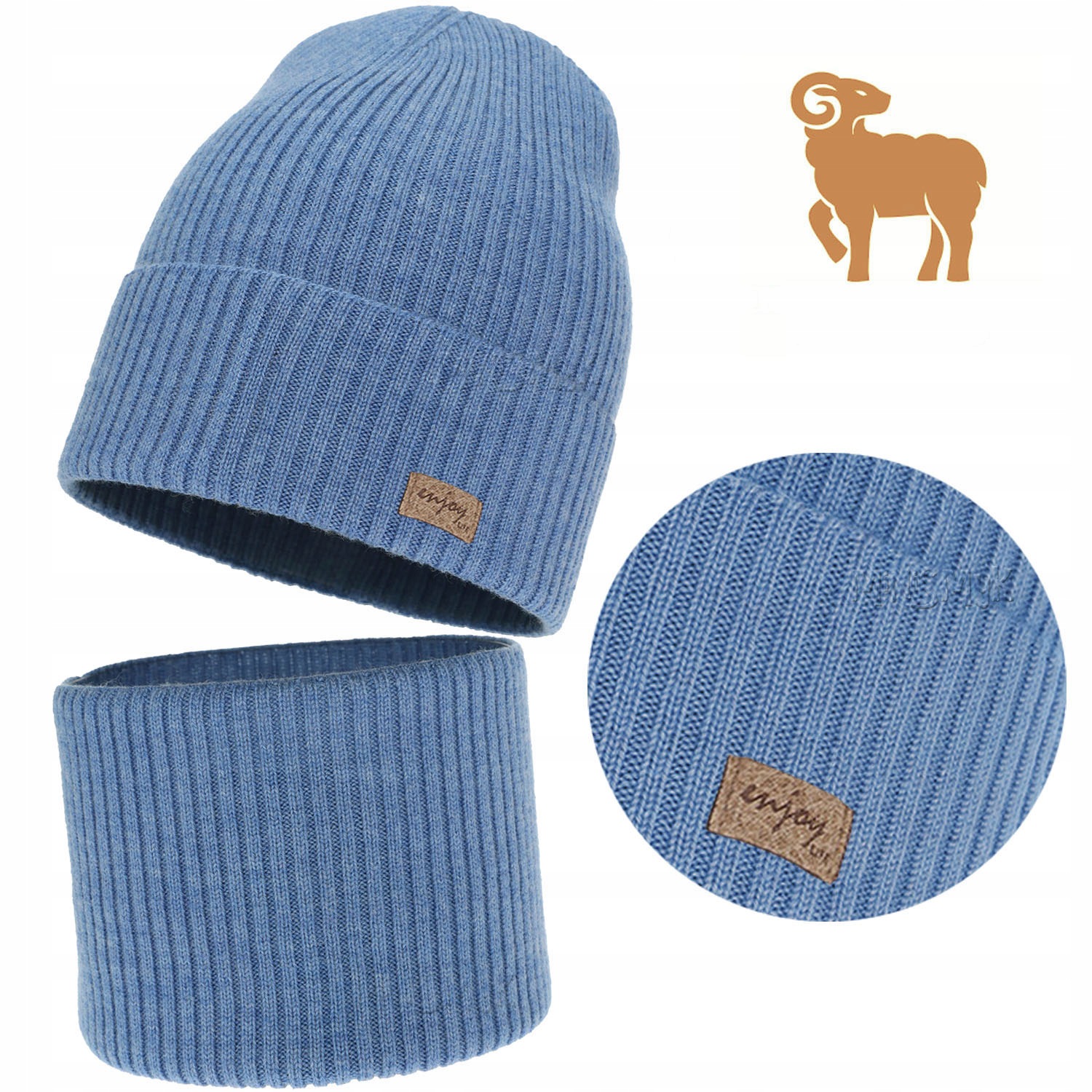 Niebieski Komplet Wełna Merino Czapka Komin jesień wiosna Prążek r. 50-52