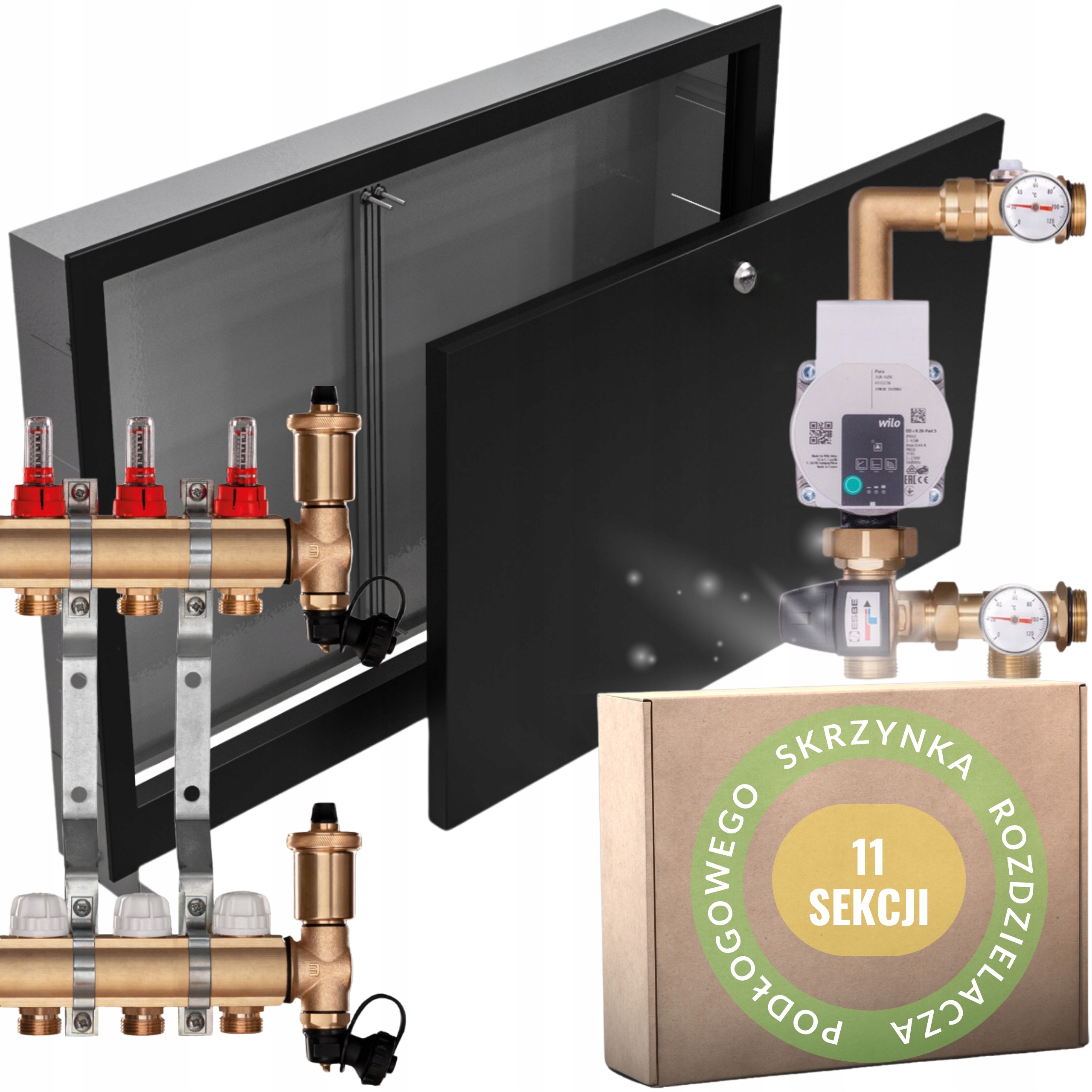 Mosazný rozdělovač C.o 11 s Pumpou Wilo a Podomítkovou Skříní Černý