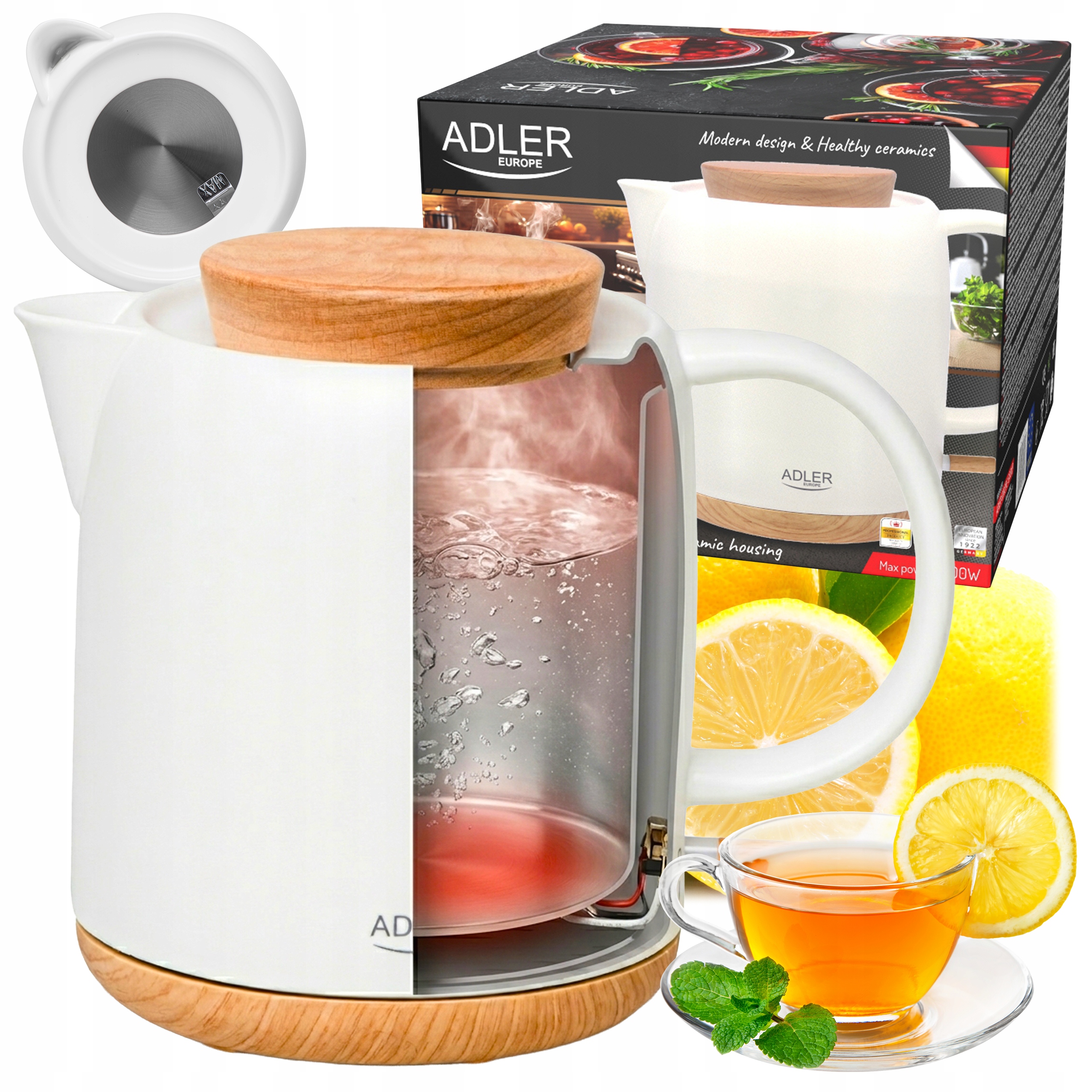 Czajnik Ceramiczny Elektryczny Bezprzewodowy 1200W Podstawa Obrotowa Adler