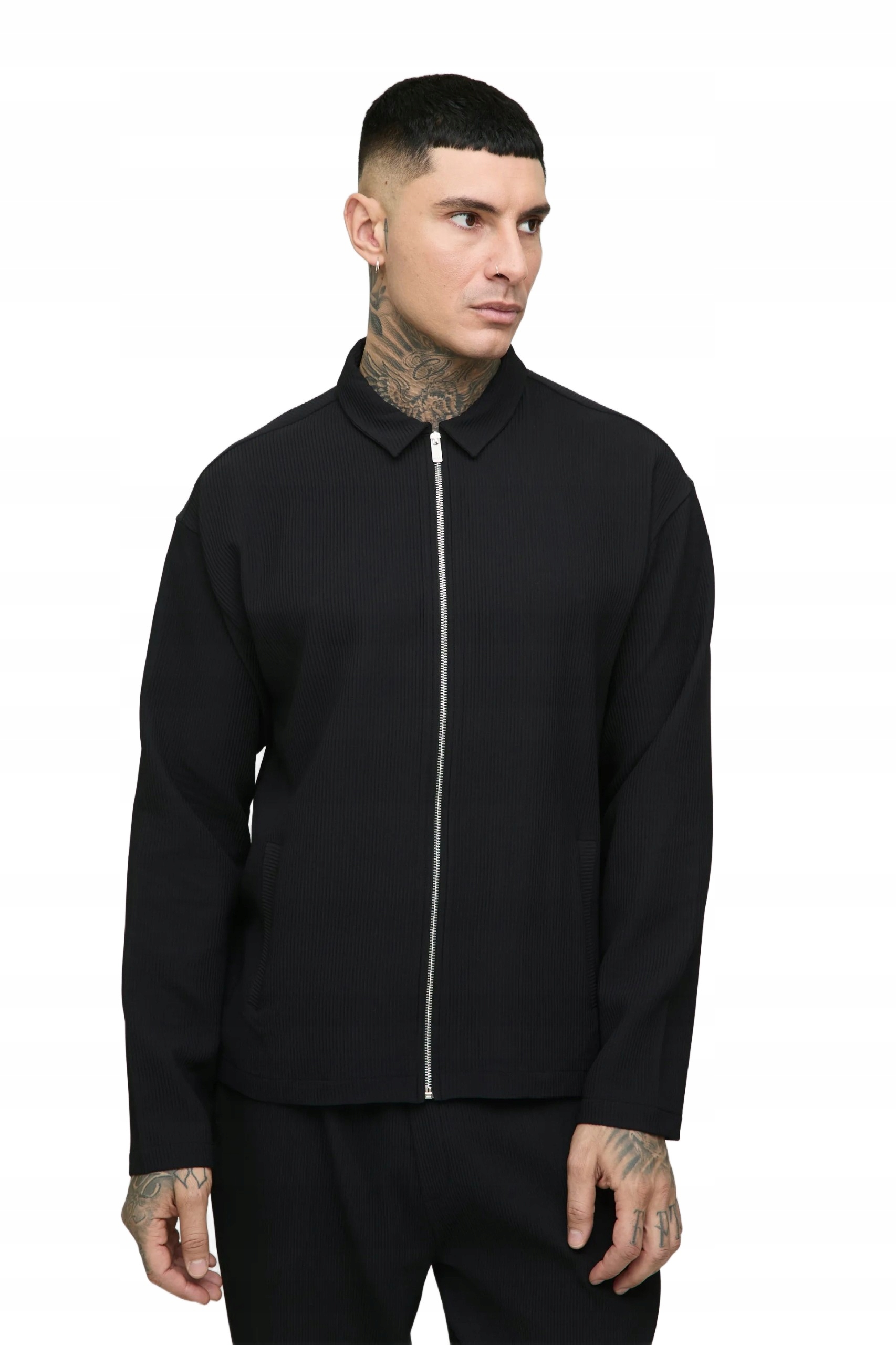 Boohooman Černá Pánská Košile Na Zip S Dlouhým Rukávem Slim M Z3A