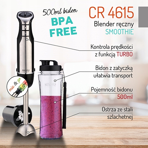 Blender ręczny CR 4615 SMOOTHIE - cichy, wydajny, z bidonem 500ml