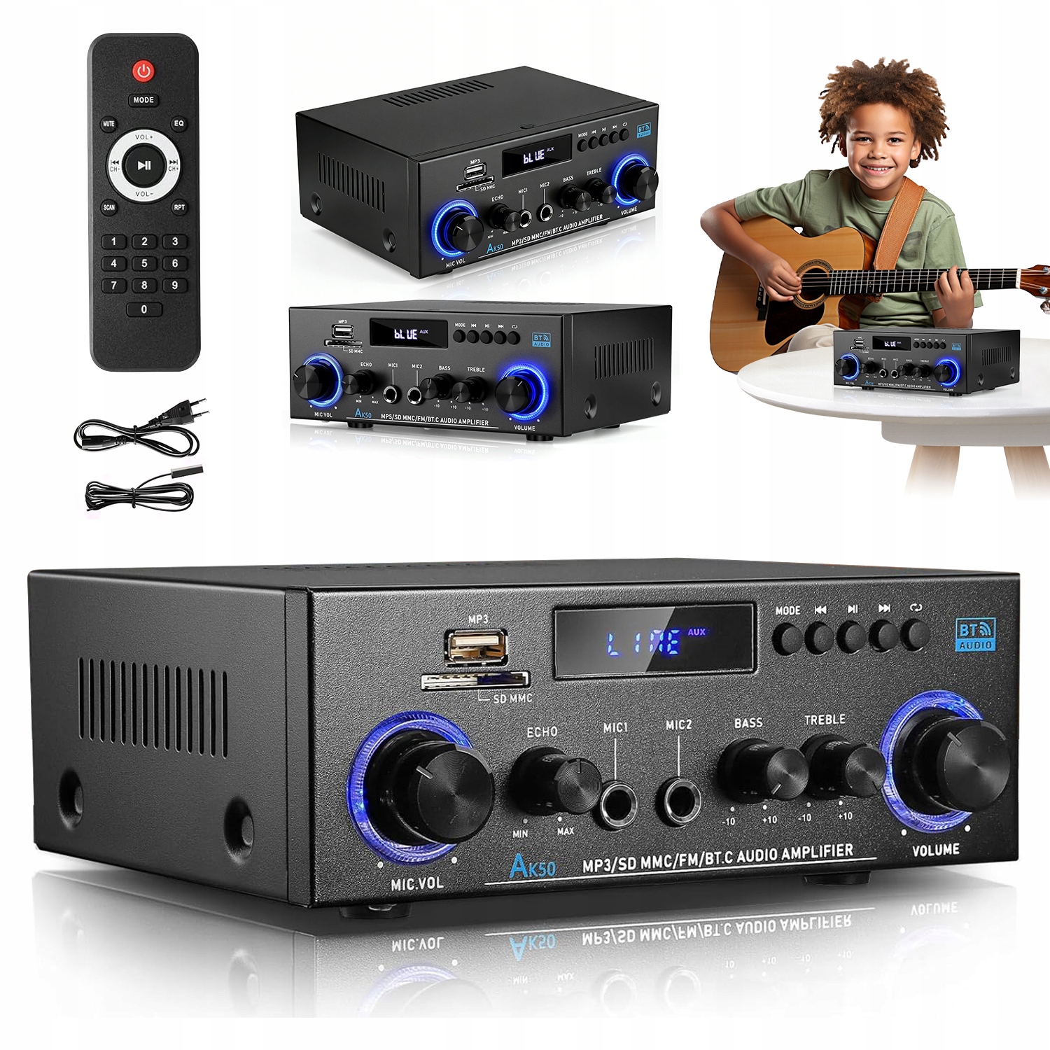 Zesilovač Pro Reproduktory Bluetooth 5.0 Stereo Fm 800W AK-50 50W+50W S Dálkovým Ovládáním