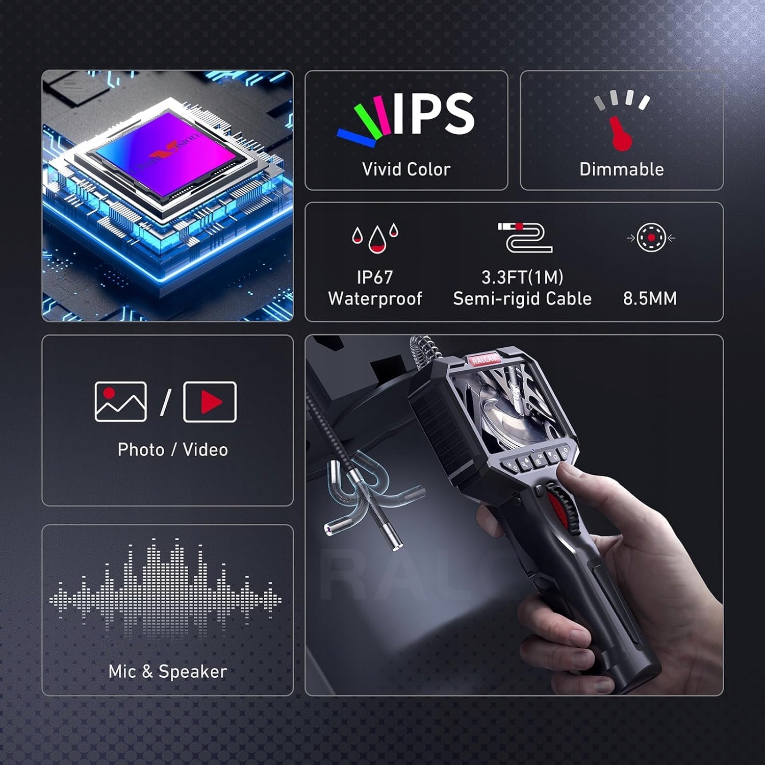 RALCAM Kamera Endoskopowa Z Oświetleniem 85mm 1080P IP67 Wodoodporna — miniatura 9