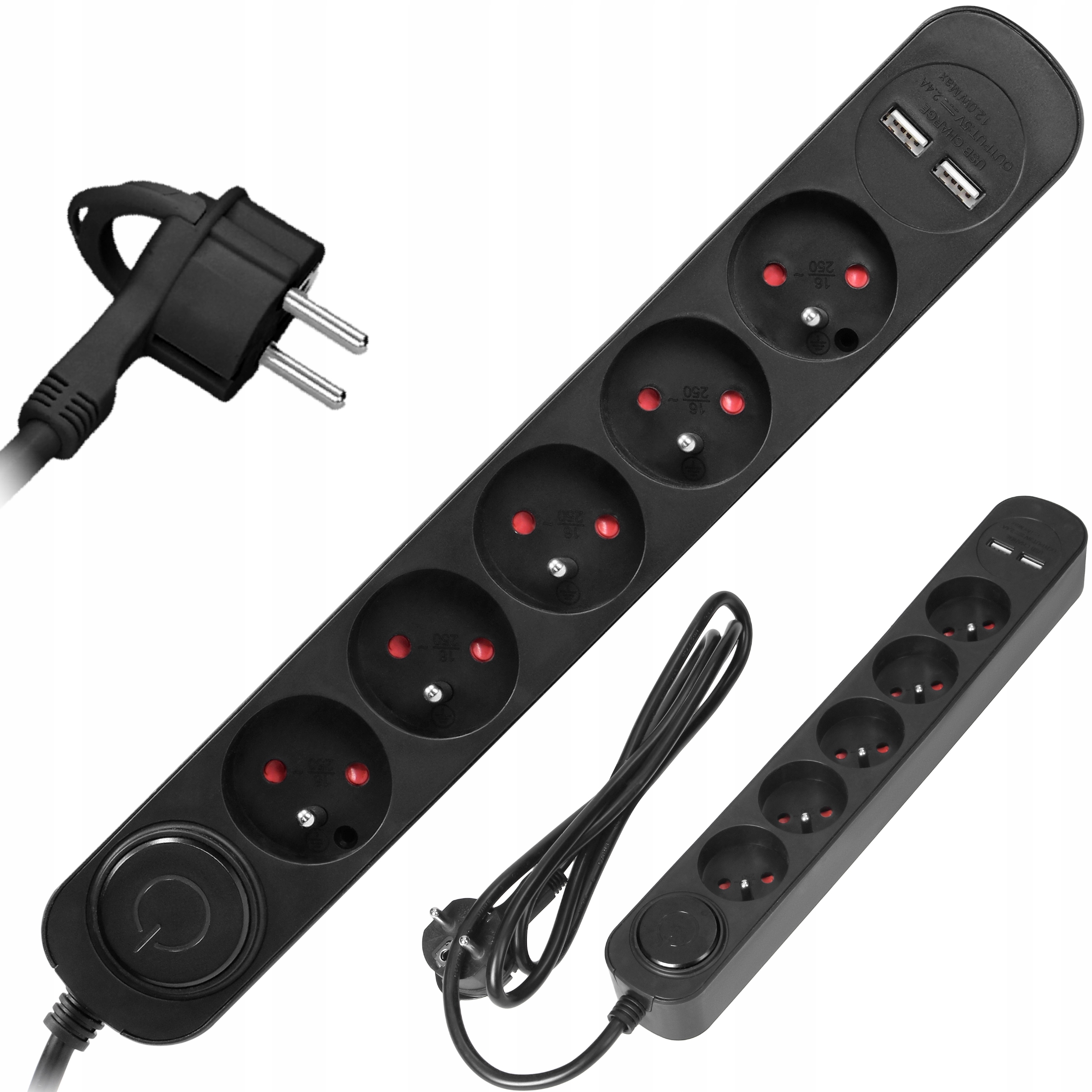 PRZEDŁUŻACZ PŁASKA WTYCZKA 5 GNIAZD + 2x USB 1,5m