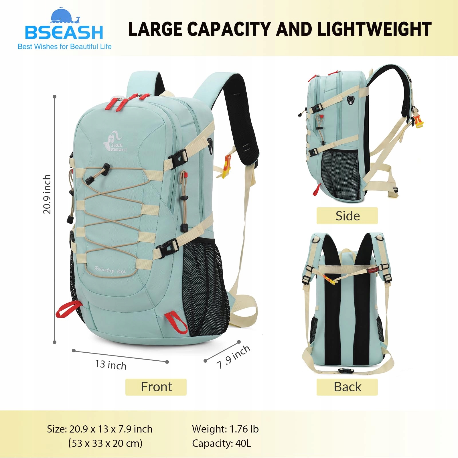BSEASH Plecak Turystyczny 40L Wodoodporny Lekki Na Camping Kolarstwo Czarne — miniatura 9