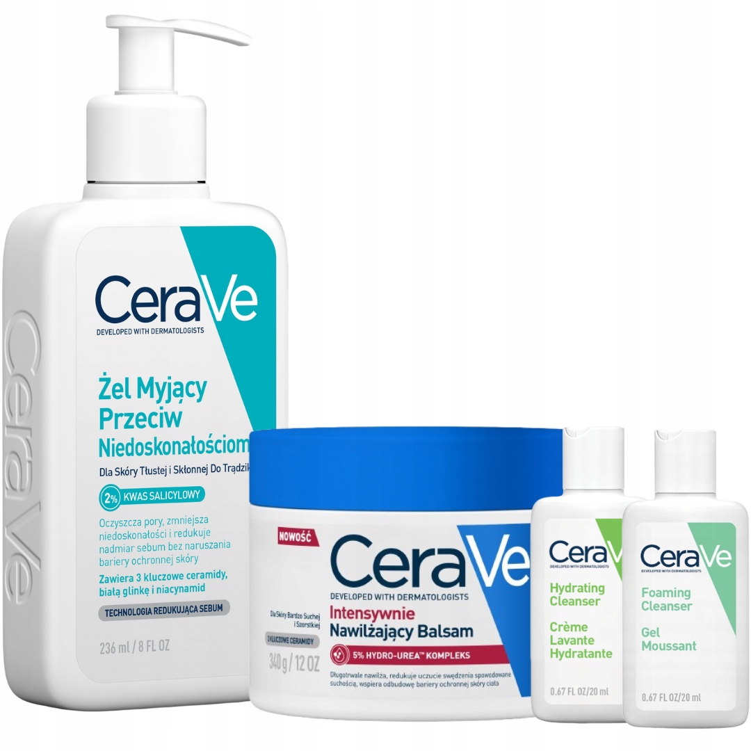 CeraVe Intensywnie nawilżający balsam, Żel myjący przeciw niedoskonałościom