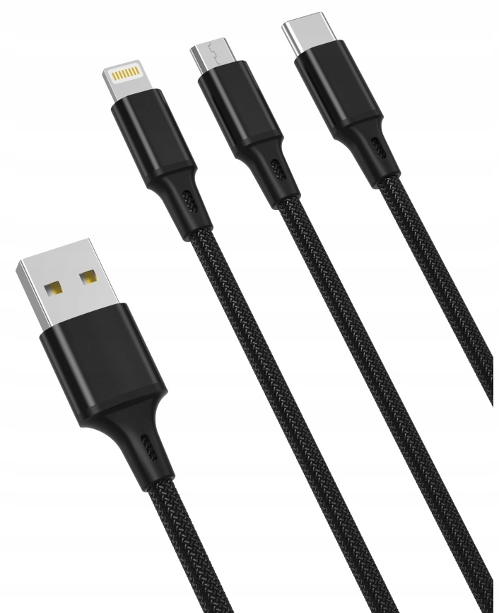 Kabel 3w1 1m Lightning do Iphone Micro USB USB-C 2,4 A w Oplocie Czarny
