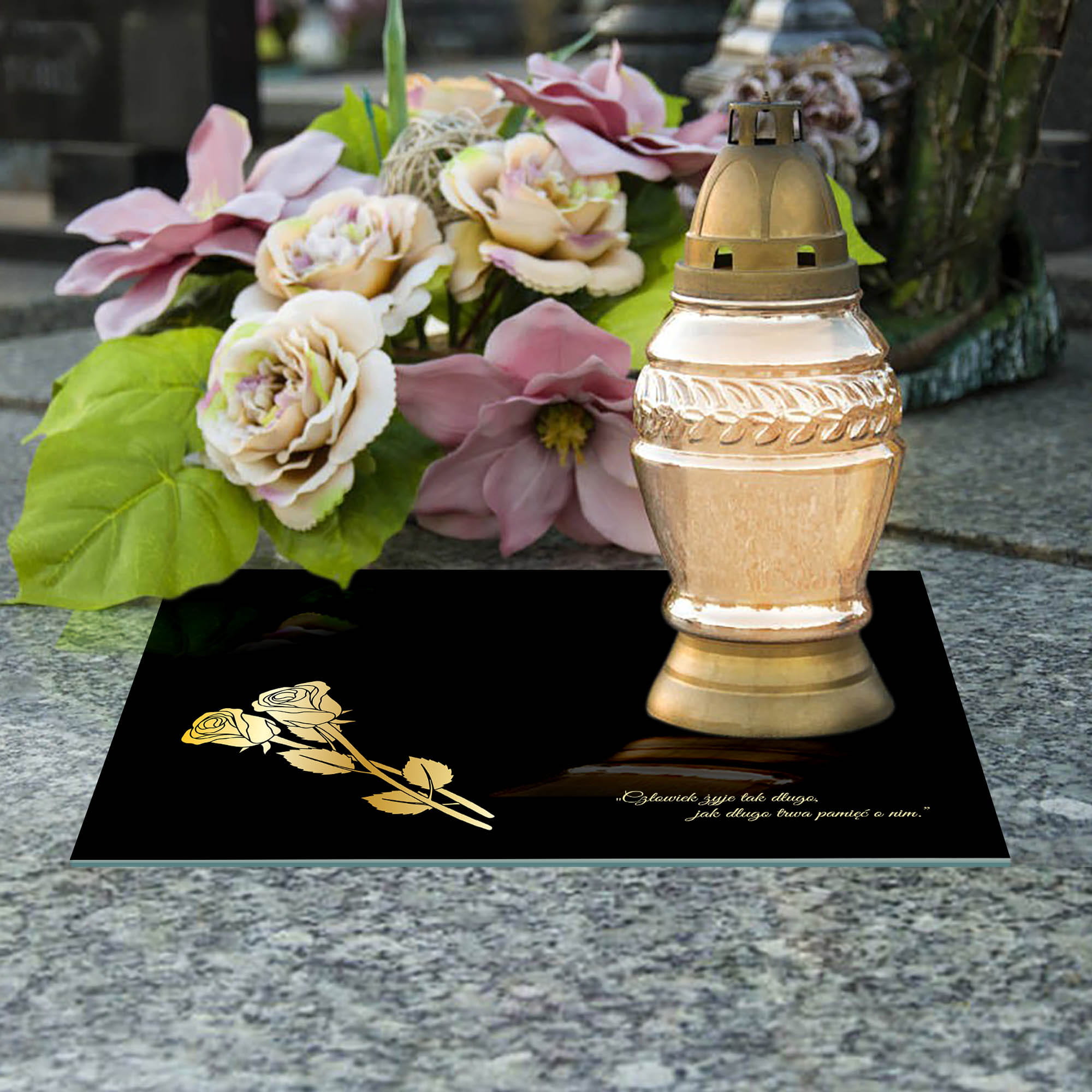 SZKLANA PODSTAWKA POD ZNICZE 40x30cm 487b + napis Szerokość produktu 40 cm