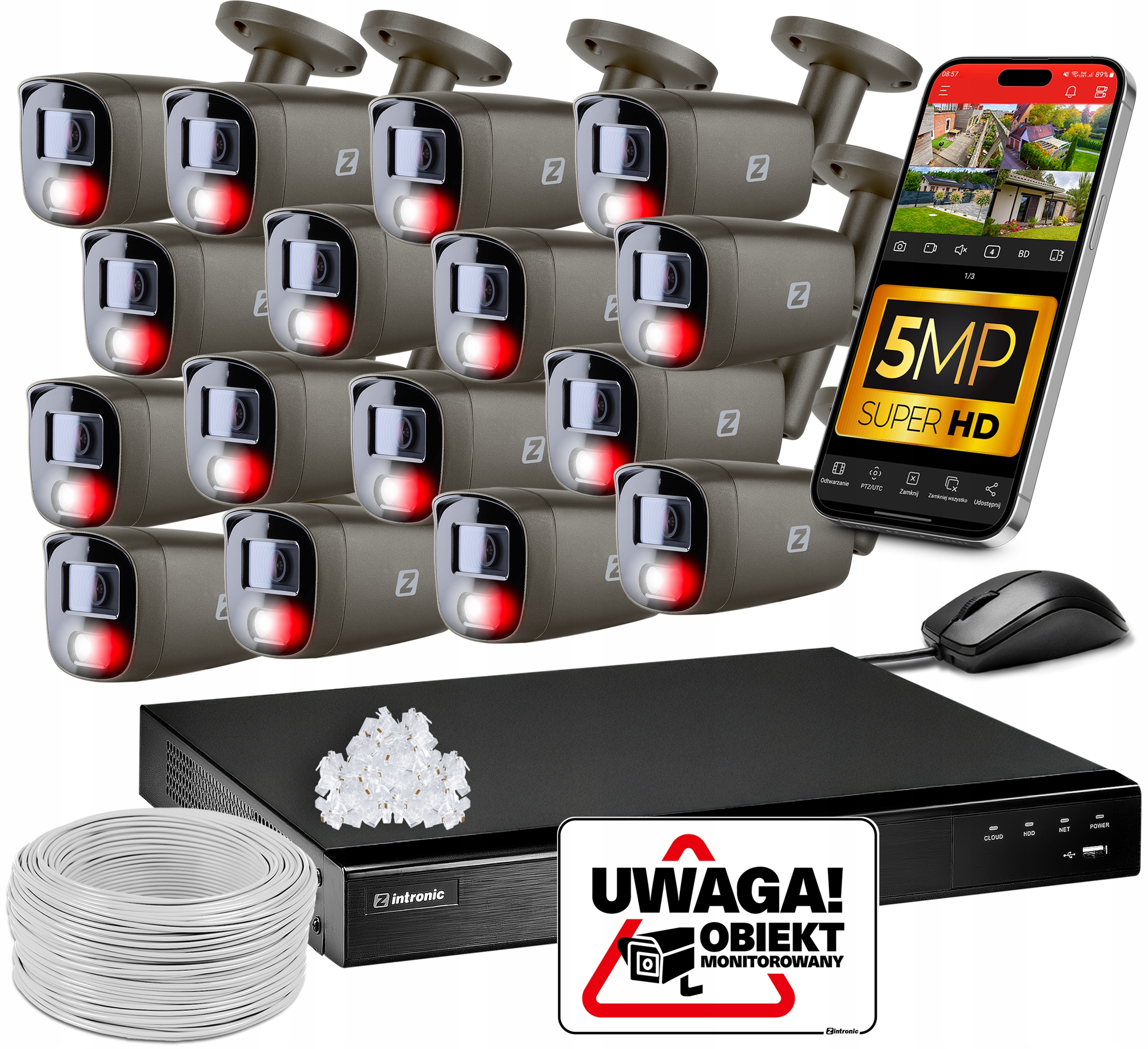 Zestaw Monitoringu 16 Kamer 5MPx Ip Poe Bez Dysku Szare Podgląd Aplikacja