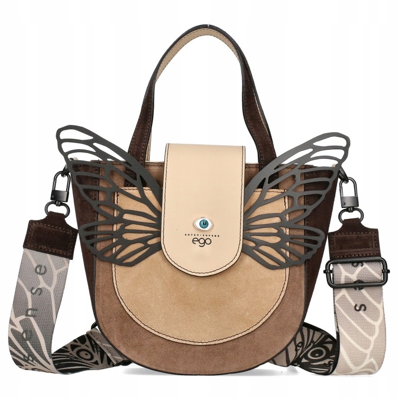 Torebka Damska Ego Kuferek Na Ramię Odpinane Skrzydła Skóra Zamsz Beżowa