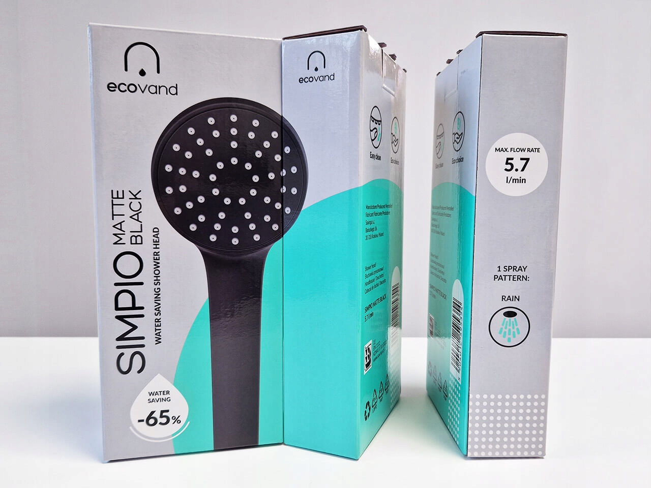 SŁUCHAWKA PRYSZNICOWA czarna ECOVAND SIMPIO OSZCZĘDNA -65% WODY 5.7 L/MIN Linia EcoVand Simpio Matte Black