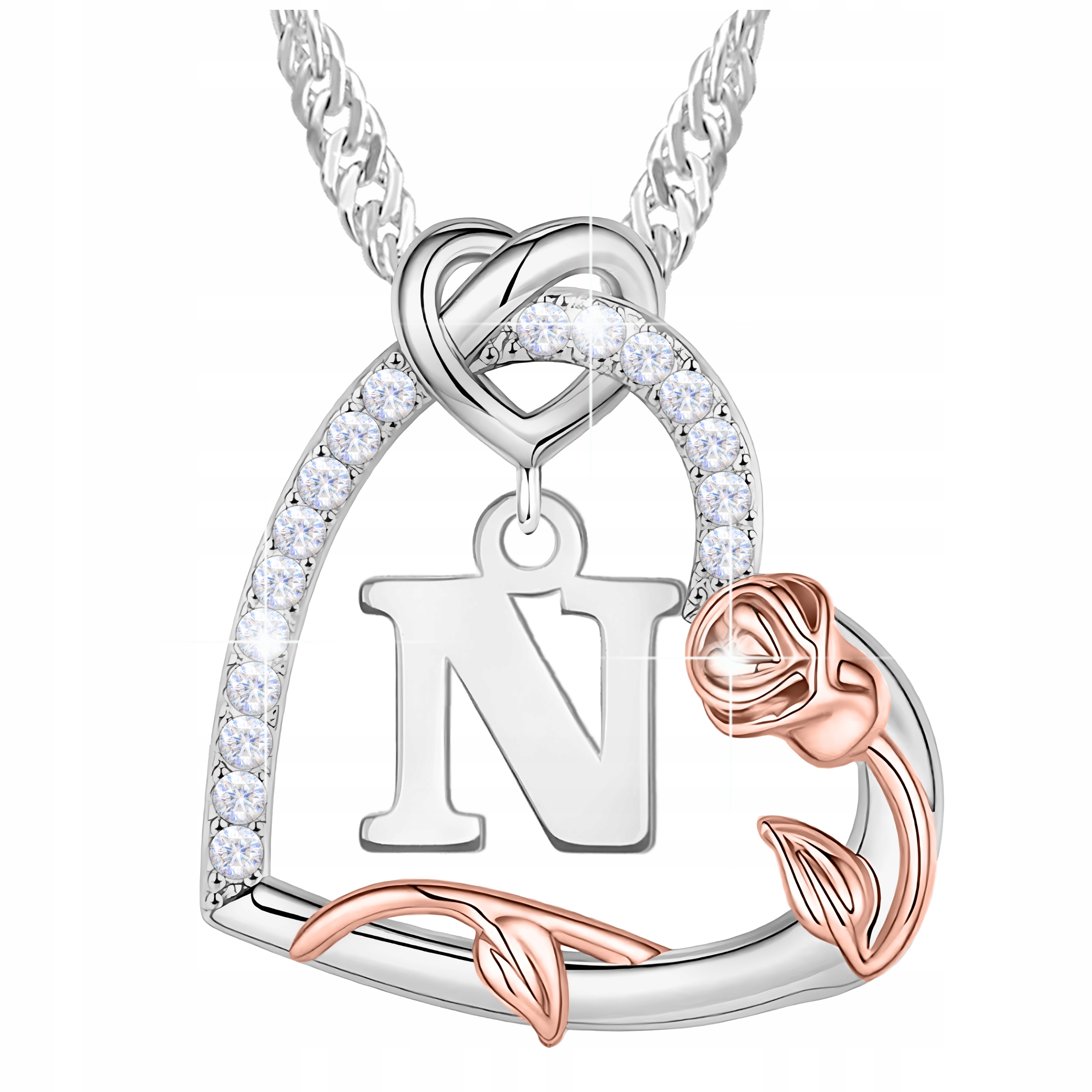 Stříbrný náhrdelník s písmenem N Srdce Květ Růže Písmeno Zirkony Stříbro 925