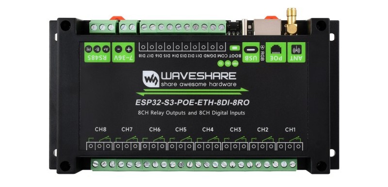 ESP32-S3 Relé ESP32-S3-POE-ETH-8DI-8RO Napájení PoE Sku 30838