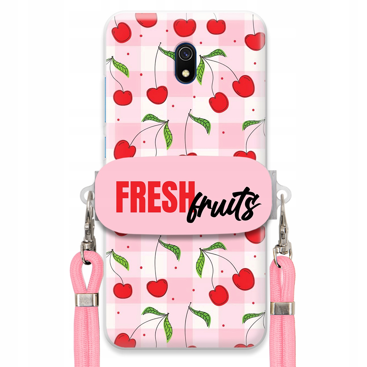 Puzdro pre Xiaomi Redmi 8A držiak na šnúrku Ružový Fresh Fruits Mriežka