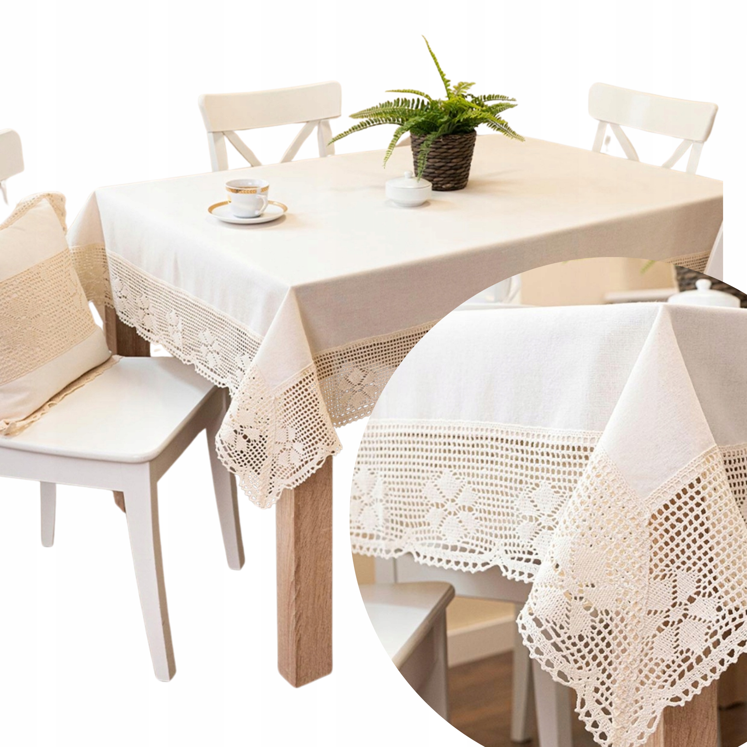 Kremowy obrus bawełniany prostokątny na stół ażurem koronką haftem 140x220