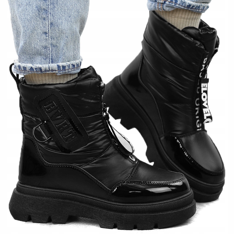 Czarne śniegowce damskie ocieplane lakier napisy YSX108 r.38