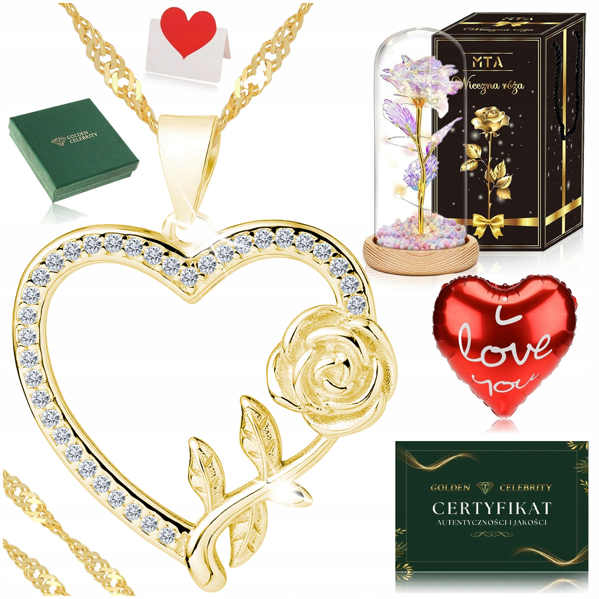 Zlatý Dámský Náhrdelník Srdce 925/585 Řetízek Přívěsek Led Věčná Růže