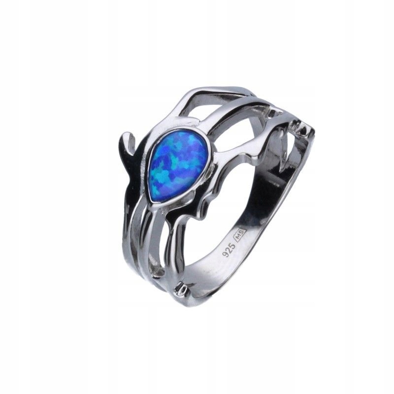 Ženský stříbrný prstýnek 925 Široký ažurový Lžička opálová modrá r14