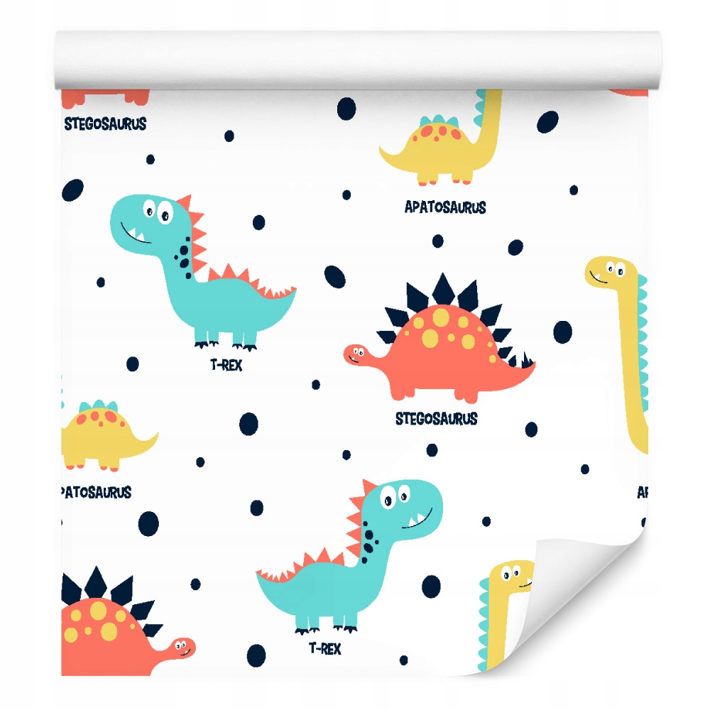 Tapeta do dětského pokoje, barevné dinosauři, puntíky