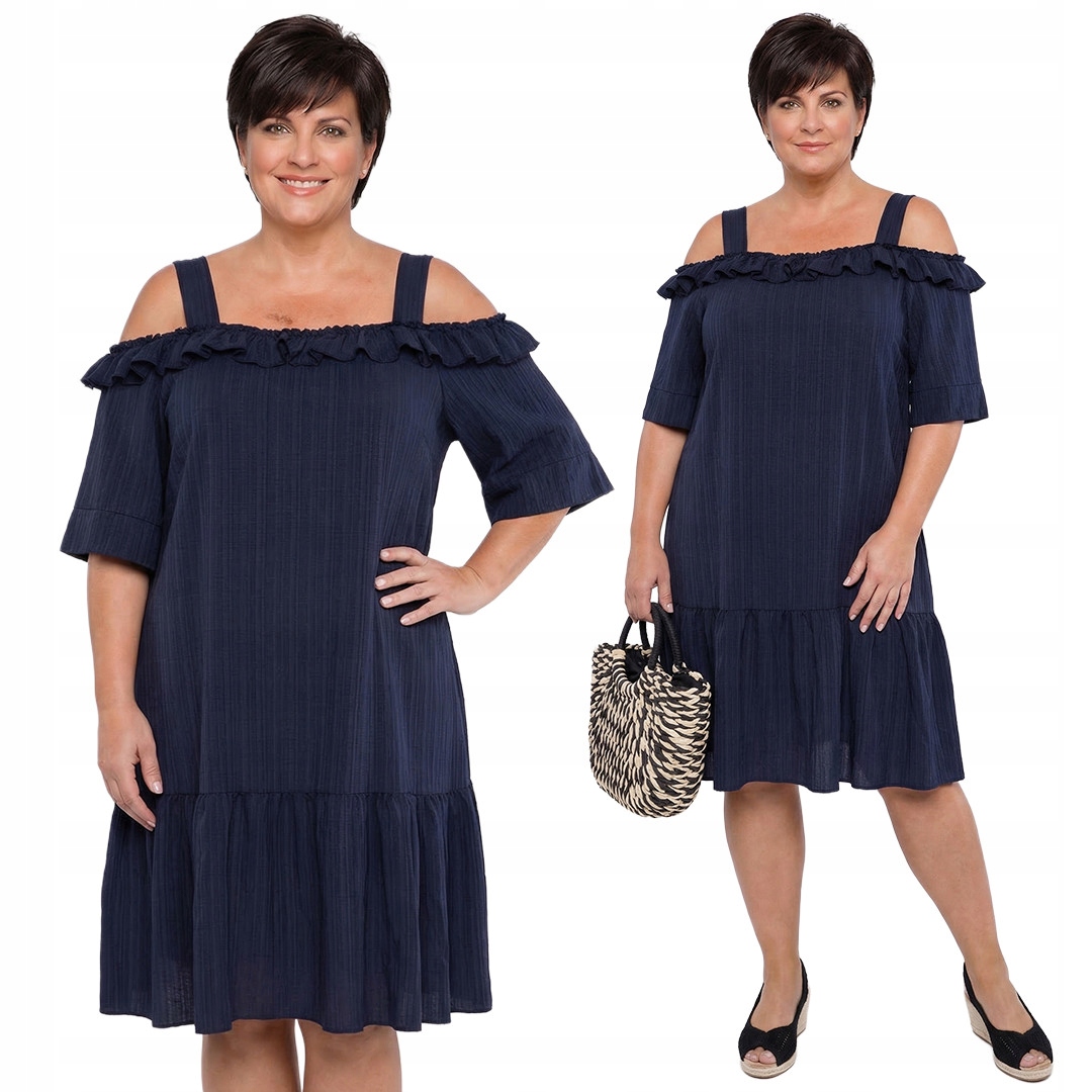 Tmavě modrá šaty s odhalenými rameny a volánem plus size velikost 50/52