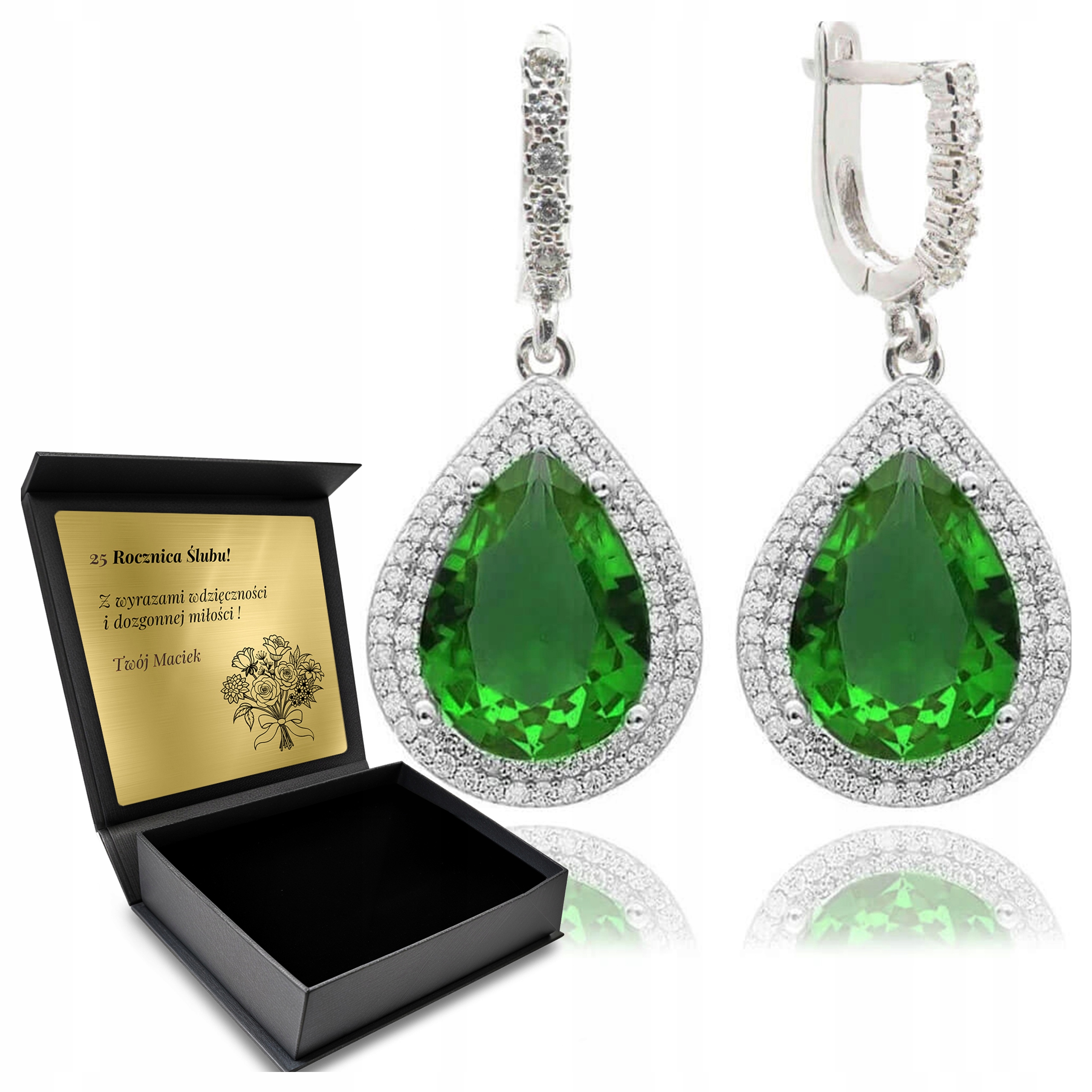 Stříbrné Náušnice 925 Zirkony A Smaragd Dárek pro ženu Gravírování