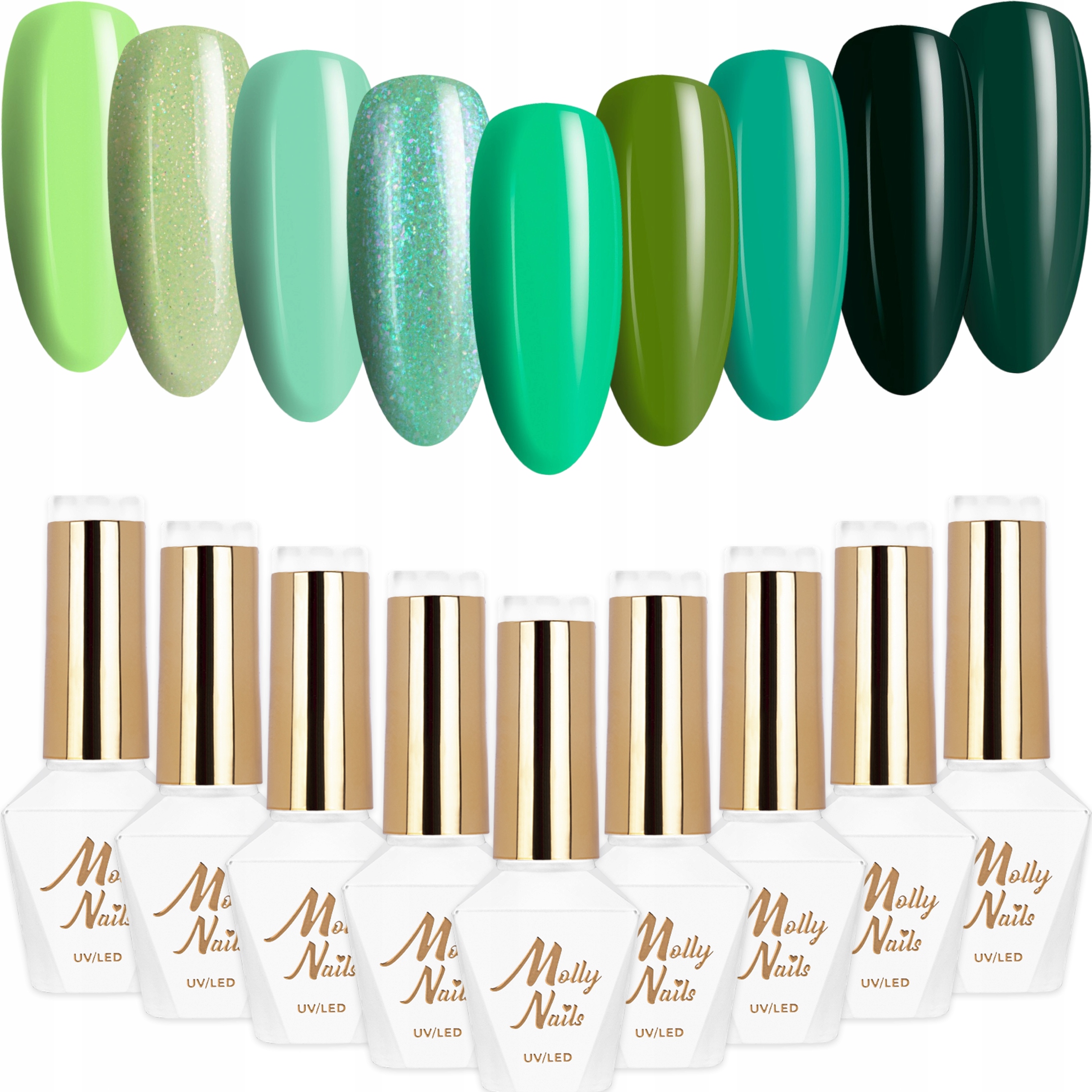 9x Lakier Hybrydowy Mollynails Green Party Zestaw 9w1 Zielone