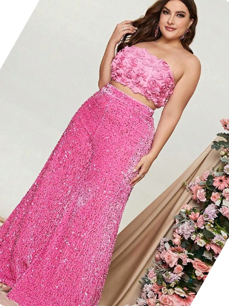 Komplet Top Návštěvnický Růžový Flitrový S Kalhoty Z Impézového Faeristy 3XL