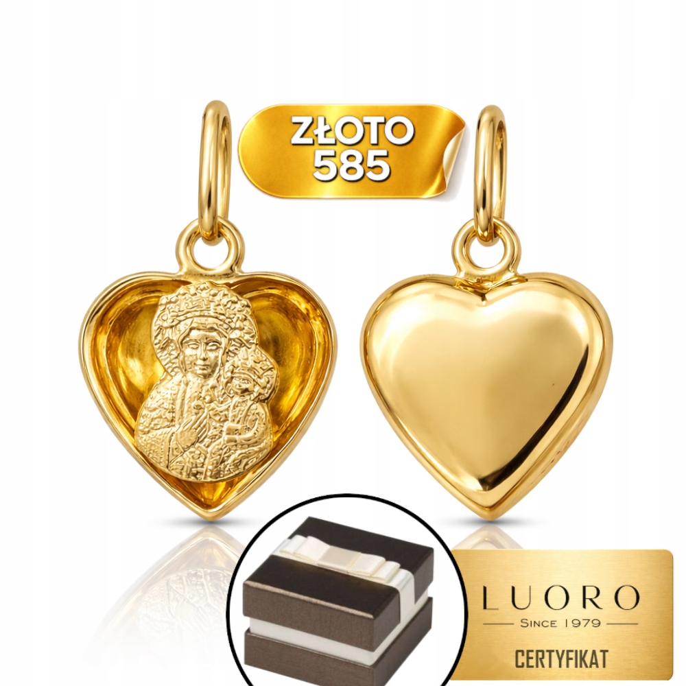 Zlatý medailonek 585 14K Panna Maria Čenstochovská v srdci 18 mm, elegantní