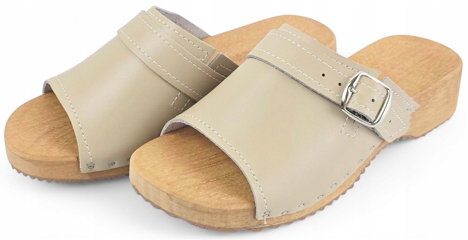 Chodaki Skórzane Klasyczne Drewniaki z Klamrą Damskie Medyczne Odkryte *38* Marka inna