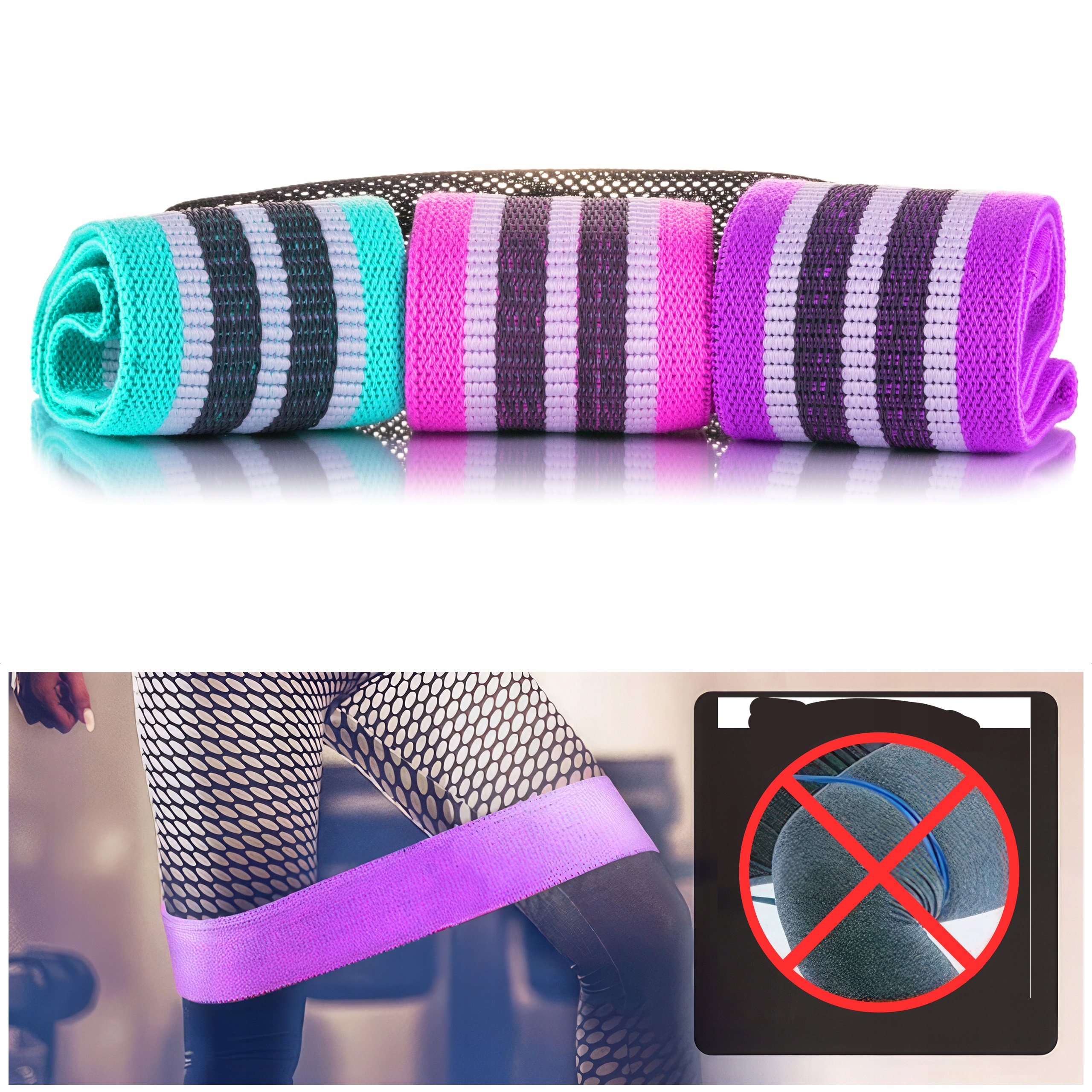 ZESTAW 3 GUM DO ĆWICZEŃ HIP MINI BAND, GUMY MATERIAŁOWE MOCNE TAŚMY FITNESS Grubość 4 mm
