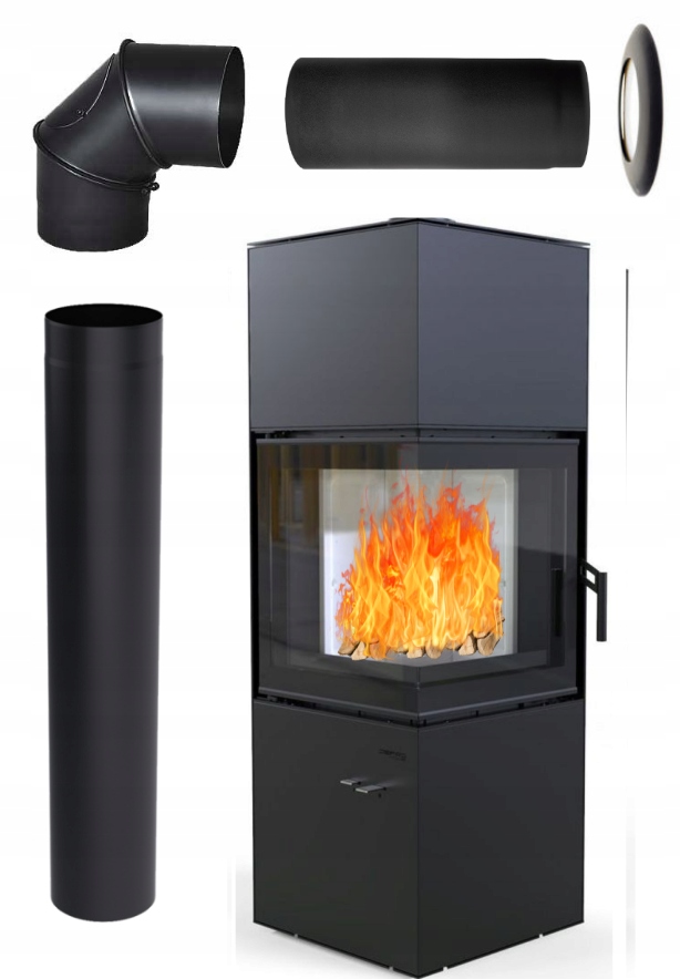 Piecyk Defro Quadroom 9,6 kW koza kominek zestaw do montażu rury stalowy