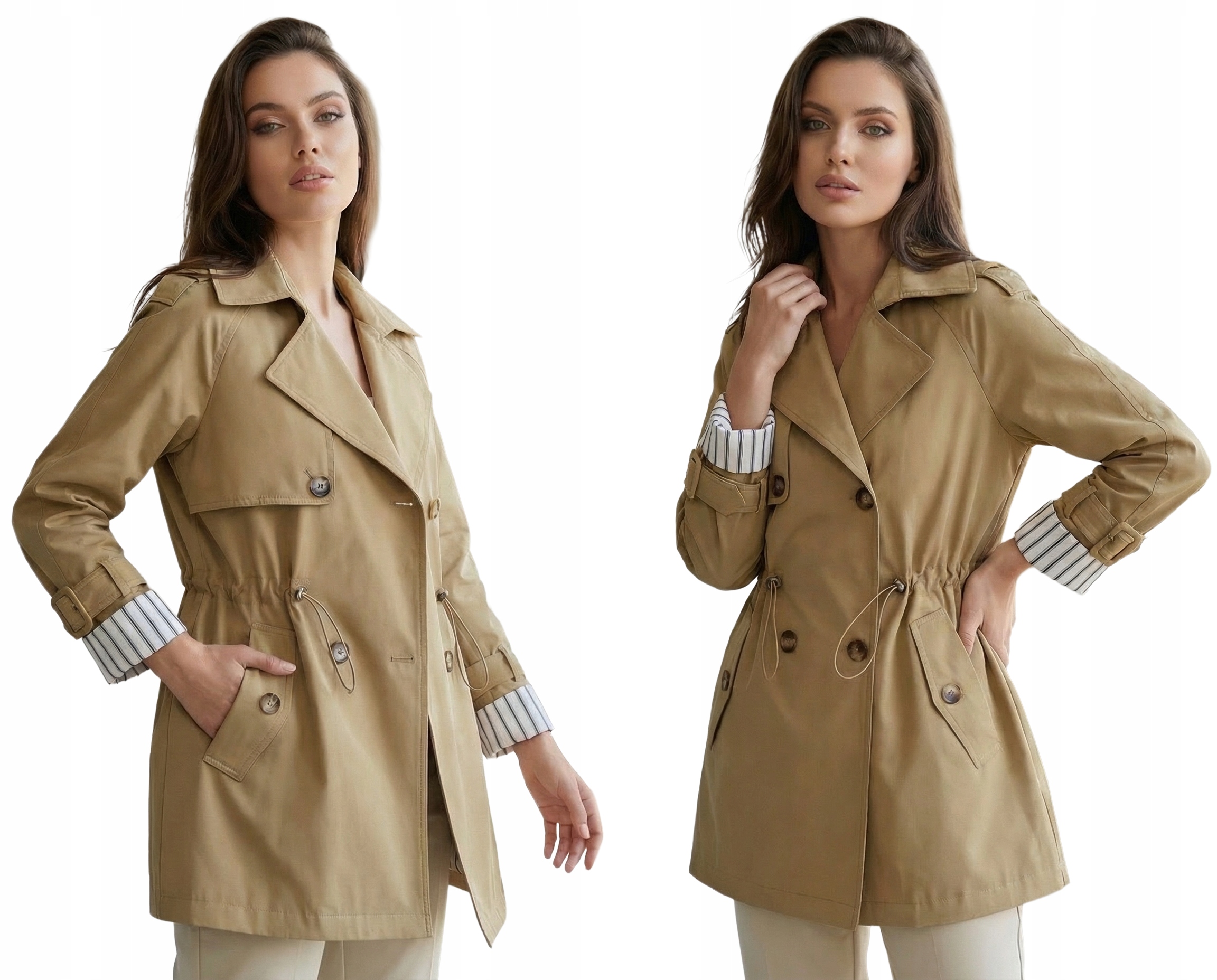 Damska Kurtka Płaszczyk Krótki Trencz Premium Mdony Taliowany Beżowy S