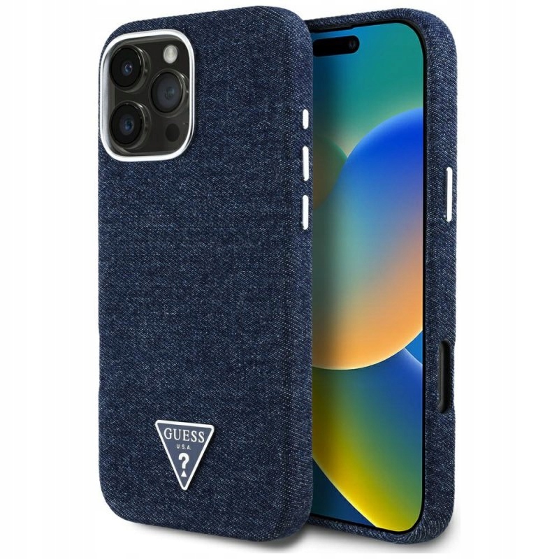 Pouzdro Guess Denim Triangle Logo MagSafe pro iPhone 16 Pro Max modré