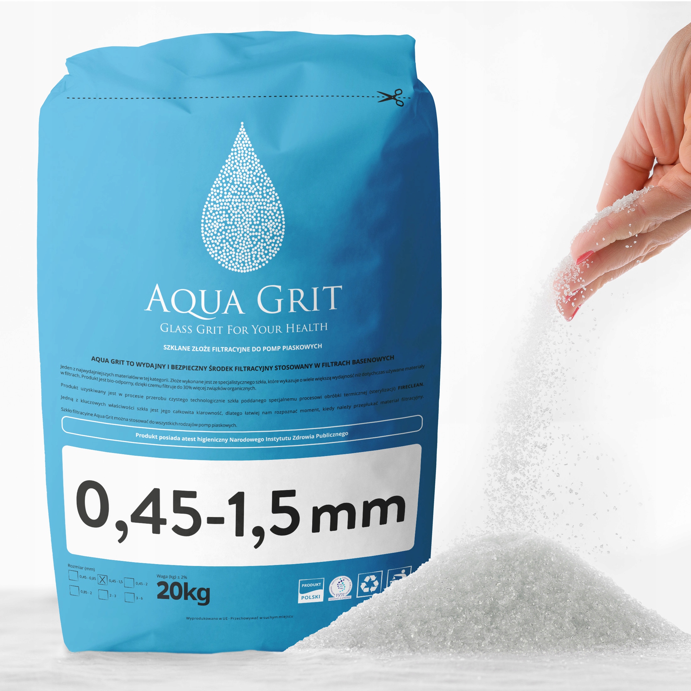 Szkło do pompy basenowej jak A F M 20 kg 0,45 1,5 mm Atest Pzh Aqua Grit