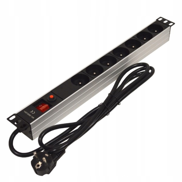 Listwa Zasilająca 1U 19" do szafy Rack 7 gniazd wyłącznik z przewodem 2m