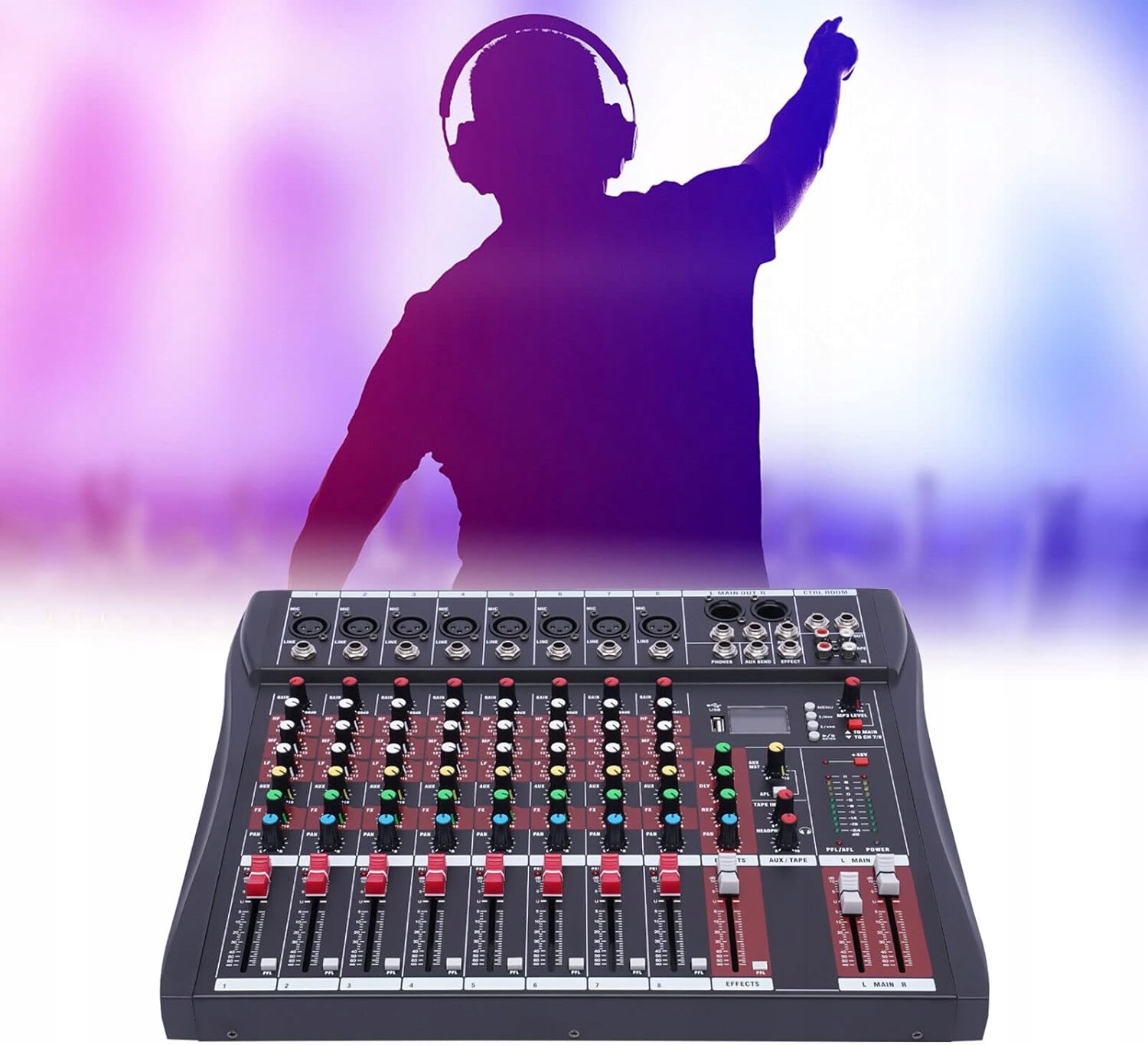 8-kanałowy mikser studyjny audio z Bluetooth USB 48 V Marka bez marki