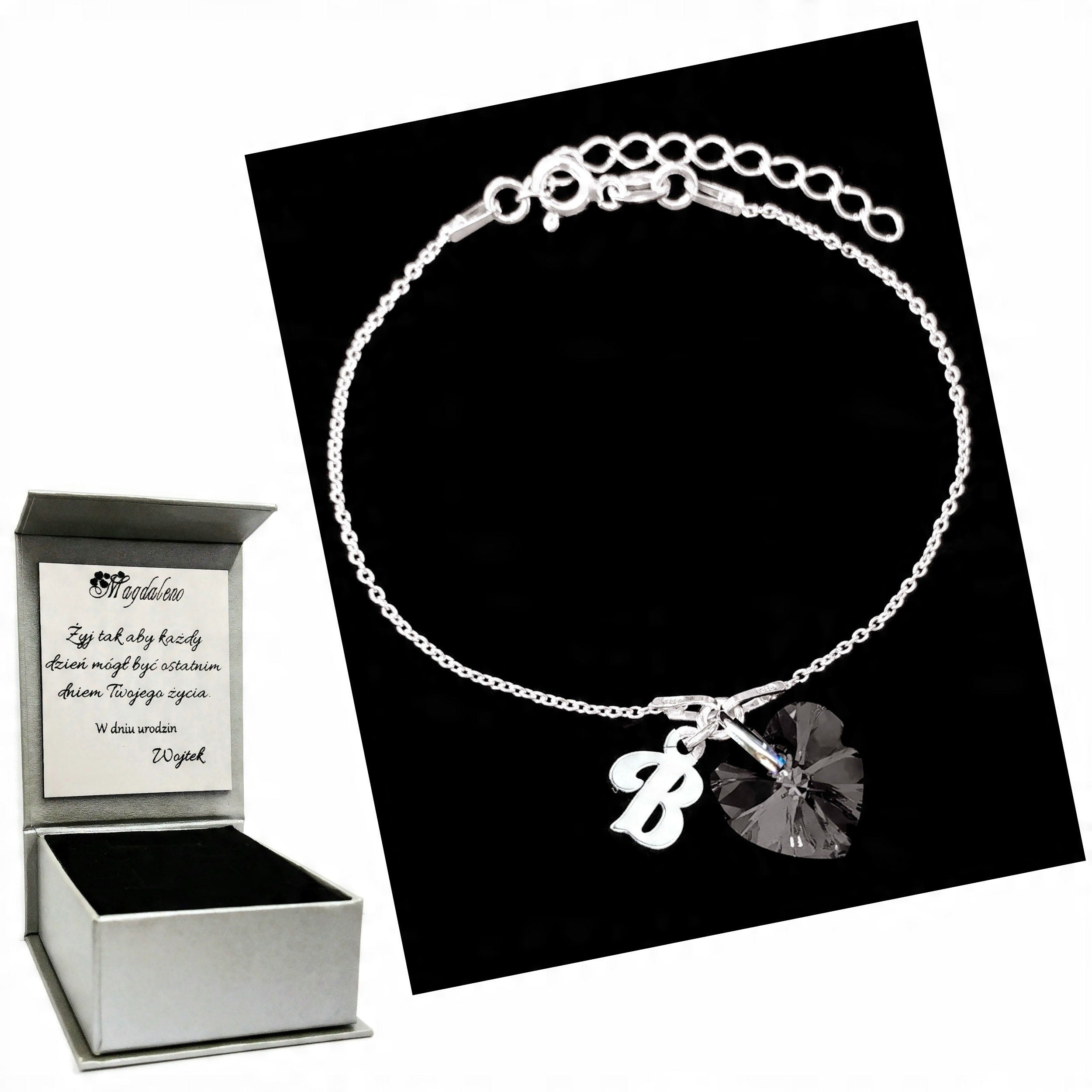 

Bransoletka Litera B Serce Swarovski Grawer Srebro
