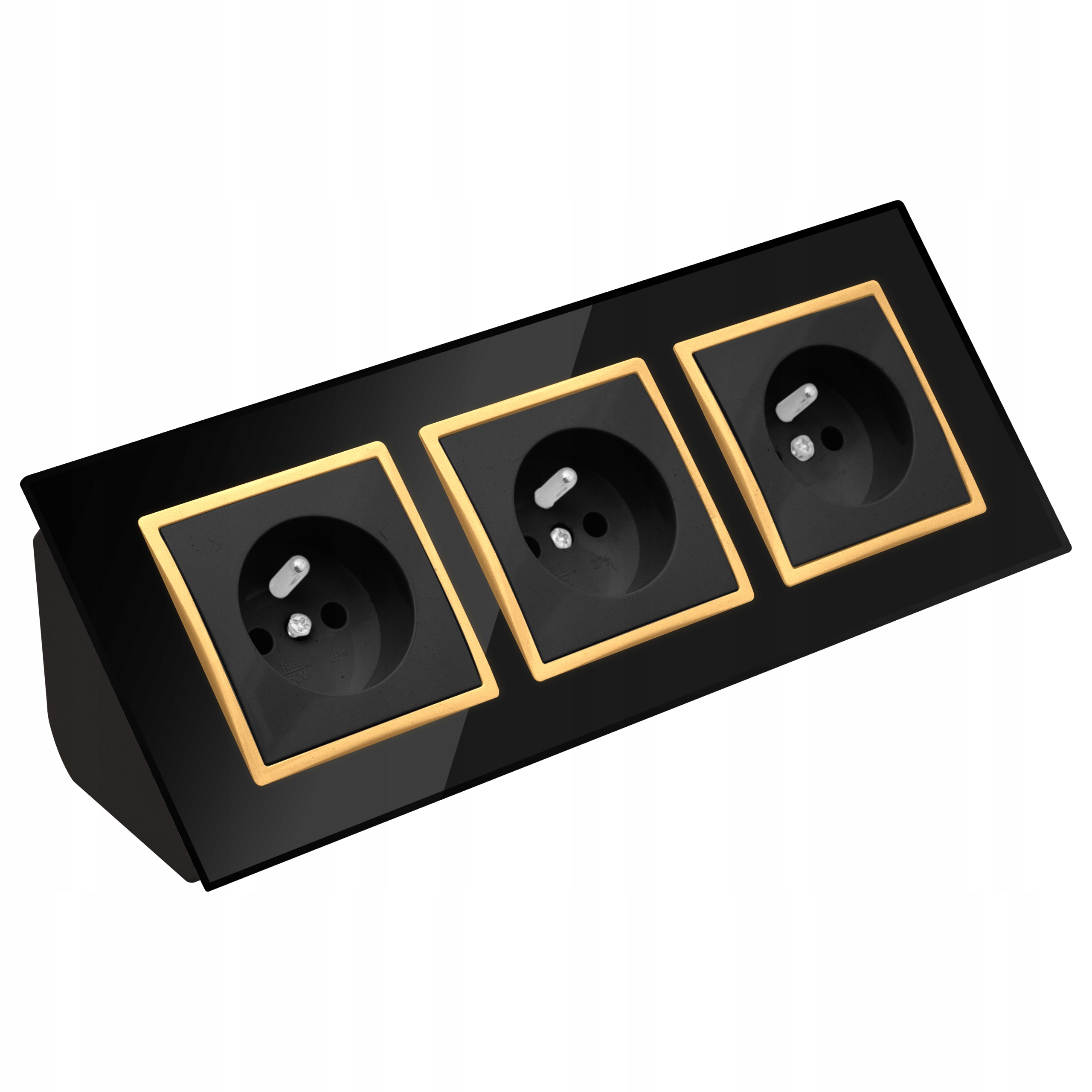 Gniazdo Potrójne Szklane Meblowe Narożne Biurkowe Czarne Złote Listwa