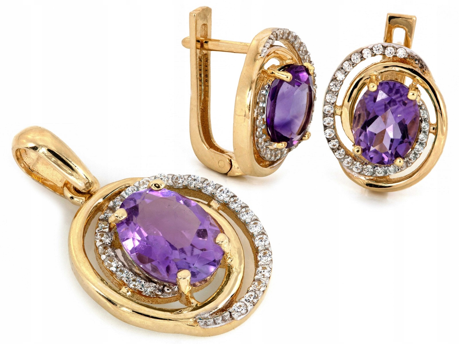 Zlatý dámský komplet 585 náušnice a přívěsek fialový kámen a zirkony