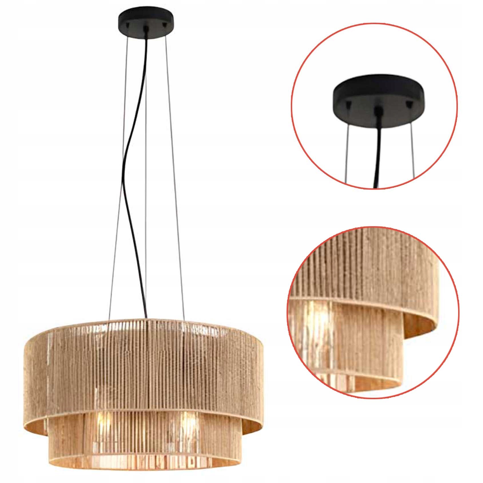 Závěsná lampa Boho 46 cm Ažurové stínítko Jutové lano Dvojité stínítko