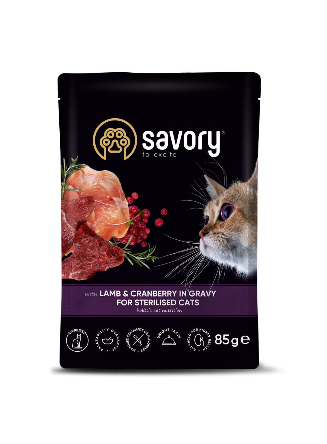 Savory mokré krmivo pro kočky sterilizované jehněčí s brusinkami a brusinky 24x85g