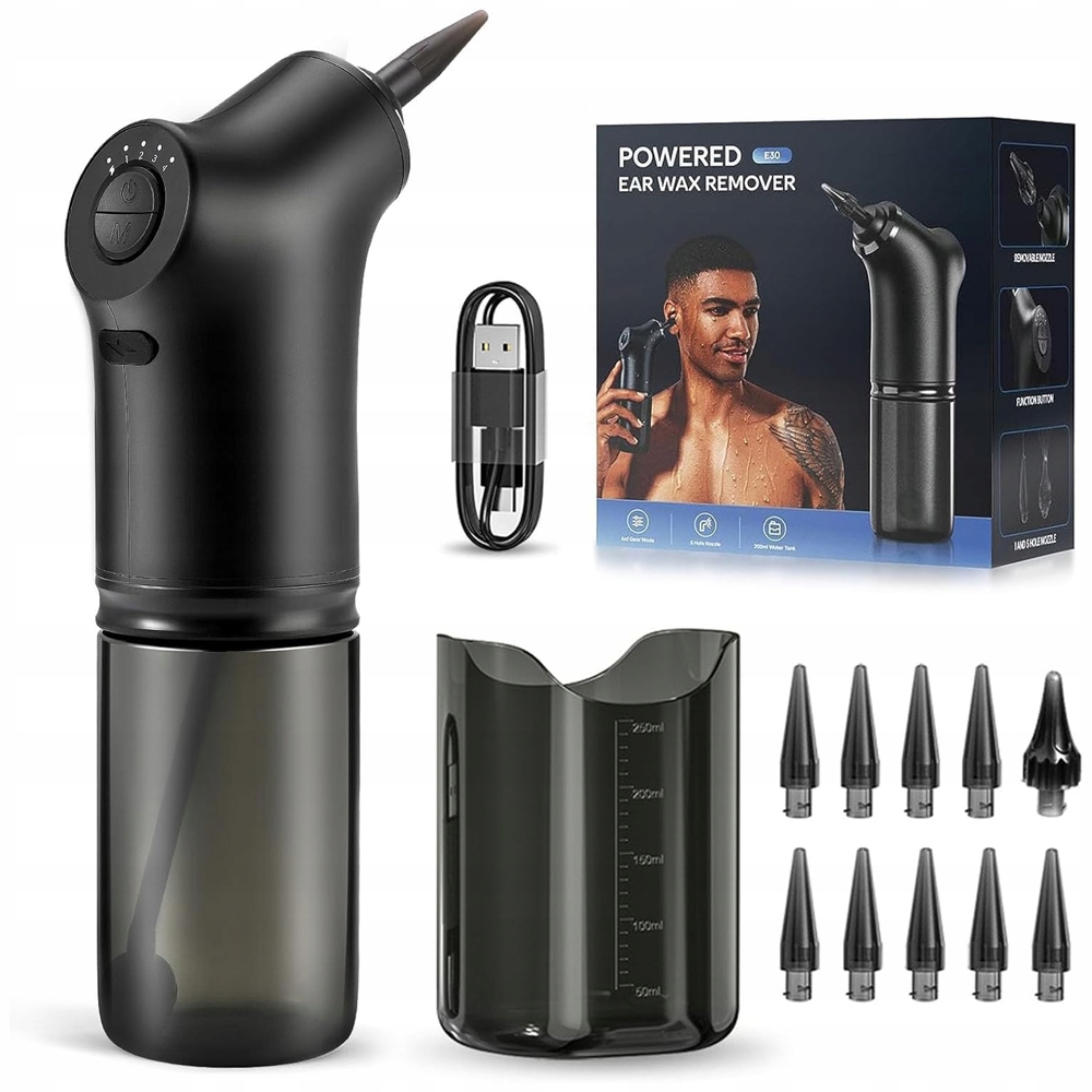 Irygator Do Czyszczenia Uszu Woskowiny Płukanie Bezprzewodowy Zestaw Czarny